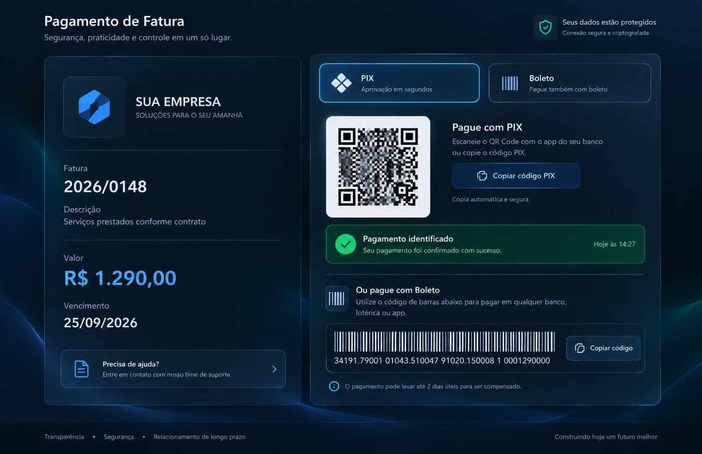 Página de cobrança com a marca da empresa, valor, vencimento, QR Code PIX e boleto